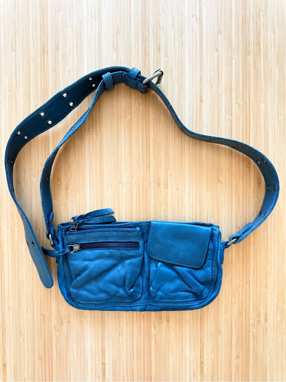 Free People Teal Blue Grommet Strap Leather Crossbody